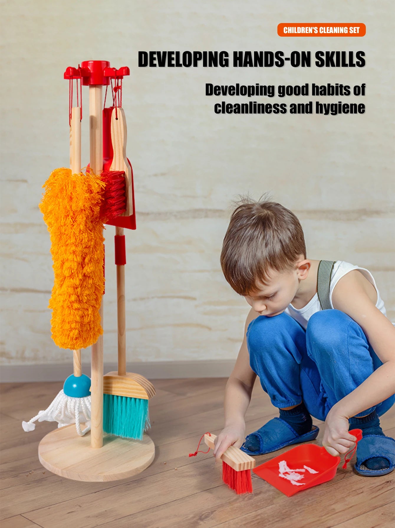 Montessori Wooden Cleaning Set Toy Broom Mop Set Little Boy Girl Simulated Children'S Cleaning Tool Exercise Self-Care Ability